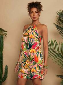 Vestido corto holgado con hombros al descubierto y estampado tejido para mujeres para vacaciones - Rosa - Ver 5