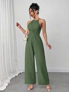 Mono sin mangas de un solo color con diseño cruzado para mujer, atuendo elegante para festivales, fiestas, festivales de música, temporada de graduación, playa, vacaciones y uso diario - Verde militar - Ver 6