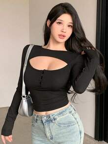 Camiseta corta de mujer de manga corta ajustada con diseño calado, para verano - Negro 2 - Ver 3