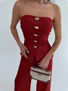 Conjunto de 2 piezas para mujer con top bandeau con botones metálicos elegantes y minimalistas, y pantalones anchos de talle alto en caqui, adecuado para la oficina, el ocio y las vacaciones - Burdeos - Ver 3