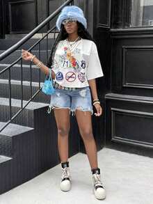 Women's Graphic Tee, Vintage Y2K Style, Casual Hip-Hop Style, Going Out, Oversized, Lip Print, For Everyday Urban Autumn Wear. - 白色 - 查看 6