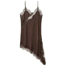HXAO Vestidos para mujer, vestido asimétrico de encaje, verano 2025, Vestidos de noche sexis para mujer, Mini Vestidos marrones sin mangas y sin espalda - Marrón - Ver 2