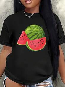 Lightweight And Durable Polyester Short-Sleeved T-Shirt With A Watermelon Print, Suitable For Home, Restaurants, Or Casual Outdoor Wear; Comfortable Fit, Bright Colors, The Perfect Choice For Summer Activities. - 黑色 - 查看 7