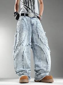 Men's Loose Wide Leg Denim Pants,Classic Washed Cat Whisker Design,Retro Nostalgic,Leisure Fashion (Belt & Accessories Not Included) - Blue - View 2