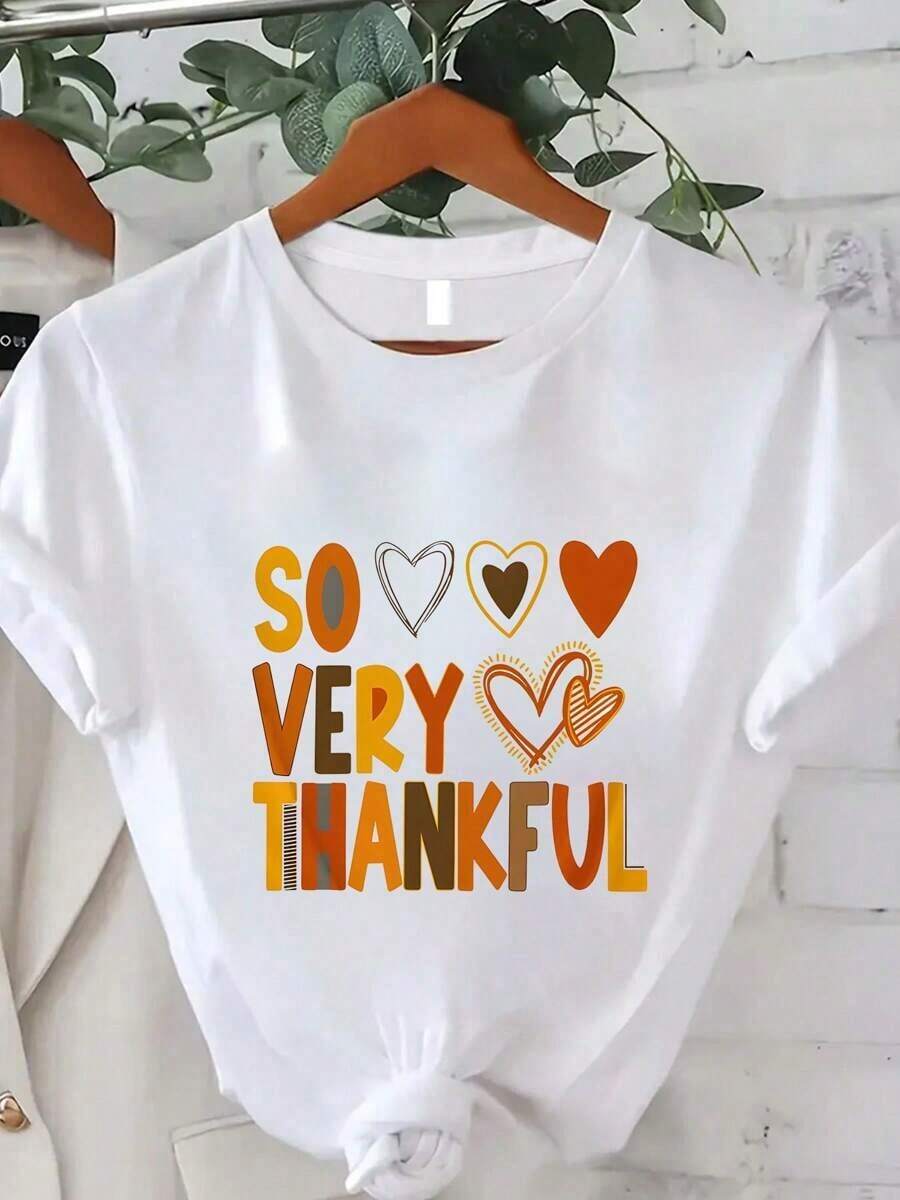 Women's Casual T-Shirt With "SO VERY THANKFUL" Print, Summer T-Shirt For Women, Fashionable, Casual, Comfortable And Soft For Outdoor Sports And Fitness, Round Neck, Short Sleeve, 100% Cotton, Durable - 白色 - 查看 1
