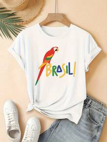 Camiseta Cozy Comfy Lounge para Mujer con Estampado Tropical de Loros Brasileños, Camiseta de Verano de Algodón Puro con Cuello Redondo para Mujer, Top Casual de Manga Corta, Estilo Único para Uso Diario, Corte Holgado, Transpirable y Suave, Perfecta para Conjuntos de Vacaciones, El Regalo Perfecto para Ella, Ropa de Casa Suave y Relajada. - Negro - Ver 7