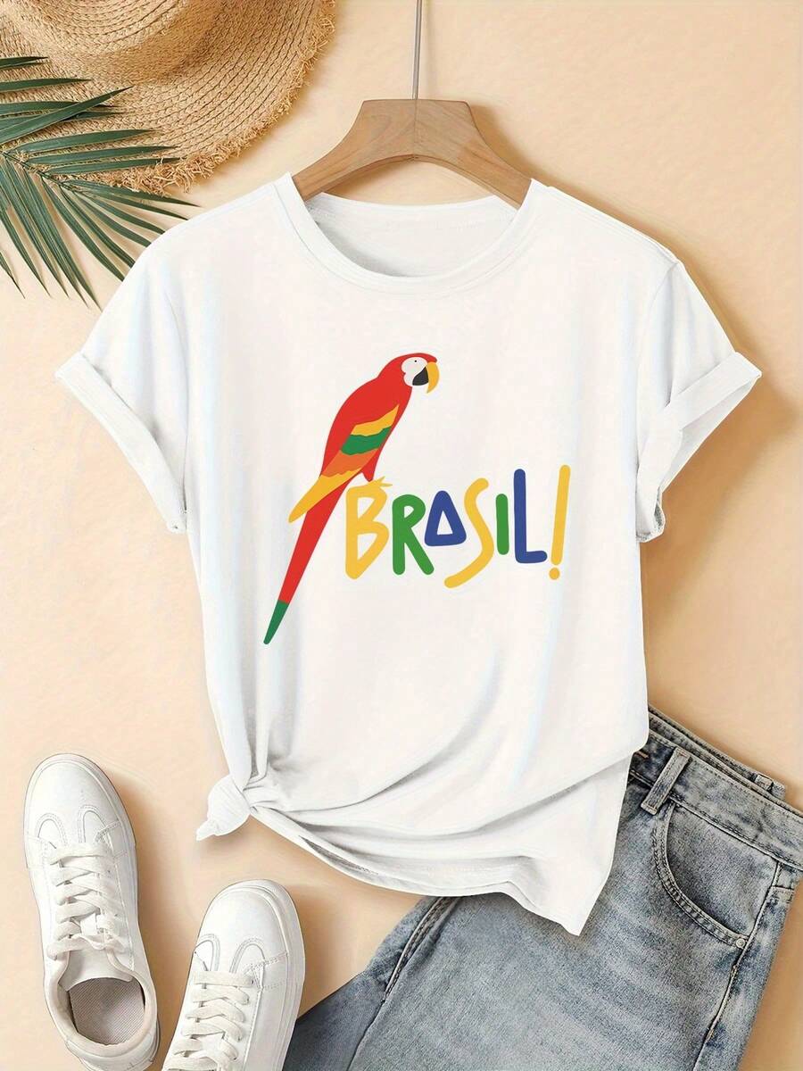 Cozy Comfy Lounge Women's T-Shirt With Brazilian Parrot Tropical Print, Pure Cotton Summer Crew Neck T-Shirt For Women, Casual Short Sleeve Top, Unique Style For Everyday Wear, Loose Fit, Breathable And Soft, Perfect For Holiday Outfits, The Perfect Gift For Her, Soft And Relaxed Home Wear. - 白色 - 查看 1