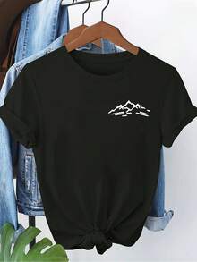 Women's Lightweight, Breathable, And Loose-Fitting Spring/Summer Mountain Print T-Shirt, Round Neck, Short Sleeve, Fashionable Casual Top, Elegant Party Outfit, Loose Fit, Holiday Gift, Fun Design, Everyday Wear, Loungewear, Layering Sets For Spring And Autumn. - Black - View 11