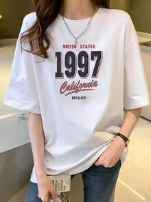 Camiseta de manga corta para mujer con estampado de moda, holgada, casual, combinable con todo, para verano. - Blanco - Ver 12