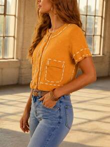 Women's Fashion Knit Cardigan, Ladies Round Neck Short Sleeve Single-Breasted Shirt, Spring/Summer/Autumn Commuting Stylish Jacket - Orange - View 3
