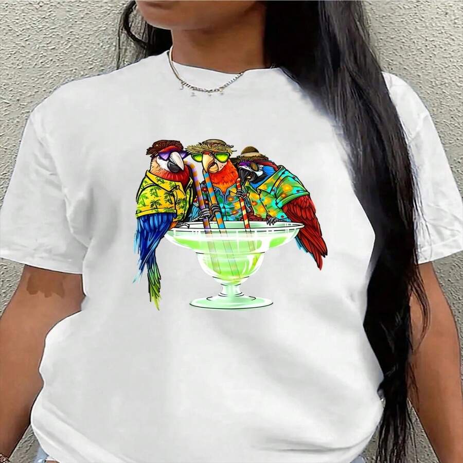 Women's Cotton Short Sleeve Round Neck T-Shirt With Fun Parrot Graphic Casual And Elegant High Stretch Top Regular Length - 白色 - 查看 1