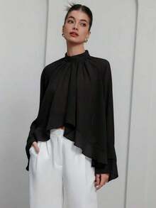 Elegant And Luxurious Chiffon Blouse With Ruffles And Layers In Purple-Red For Women - Black - View 5