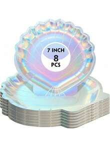 1/8 Set Holographic Mermaid Shell Paper Plates, Rainbow Mermaid Theme Party Supplies, Suitable For Summer Birthday Party, Baby Shower, Wedding And Various Gatherings, Mermaid Theme Birthday Party Decorations And Tableware Set "Underwater World" Theme Party Supplies - Multicolor - View 9