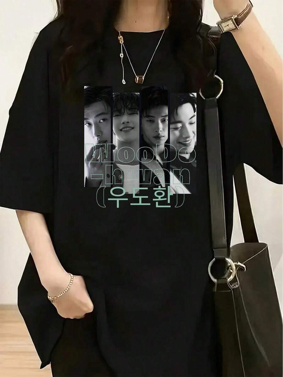 Playeras casuales de mujer de moda para primavera y verano, con un estampado de cuatro retratos de personajes dispuestos horizontalmente, superpuesto a un texto translúcido verde claro JNOODO Hwan (Udo Hwan). El estilo general refleja un tema de apoyo. - Camisetas gráficas, camisetas occidentales para hombre, ropa para hombre, camisetas gráficas, ropa para mujer, tops de verano, ropa de verano, camisetas gráficas, ropa . - Negro - Ver 1