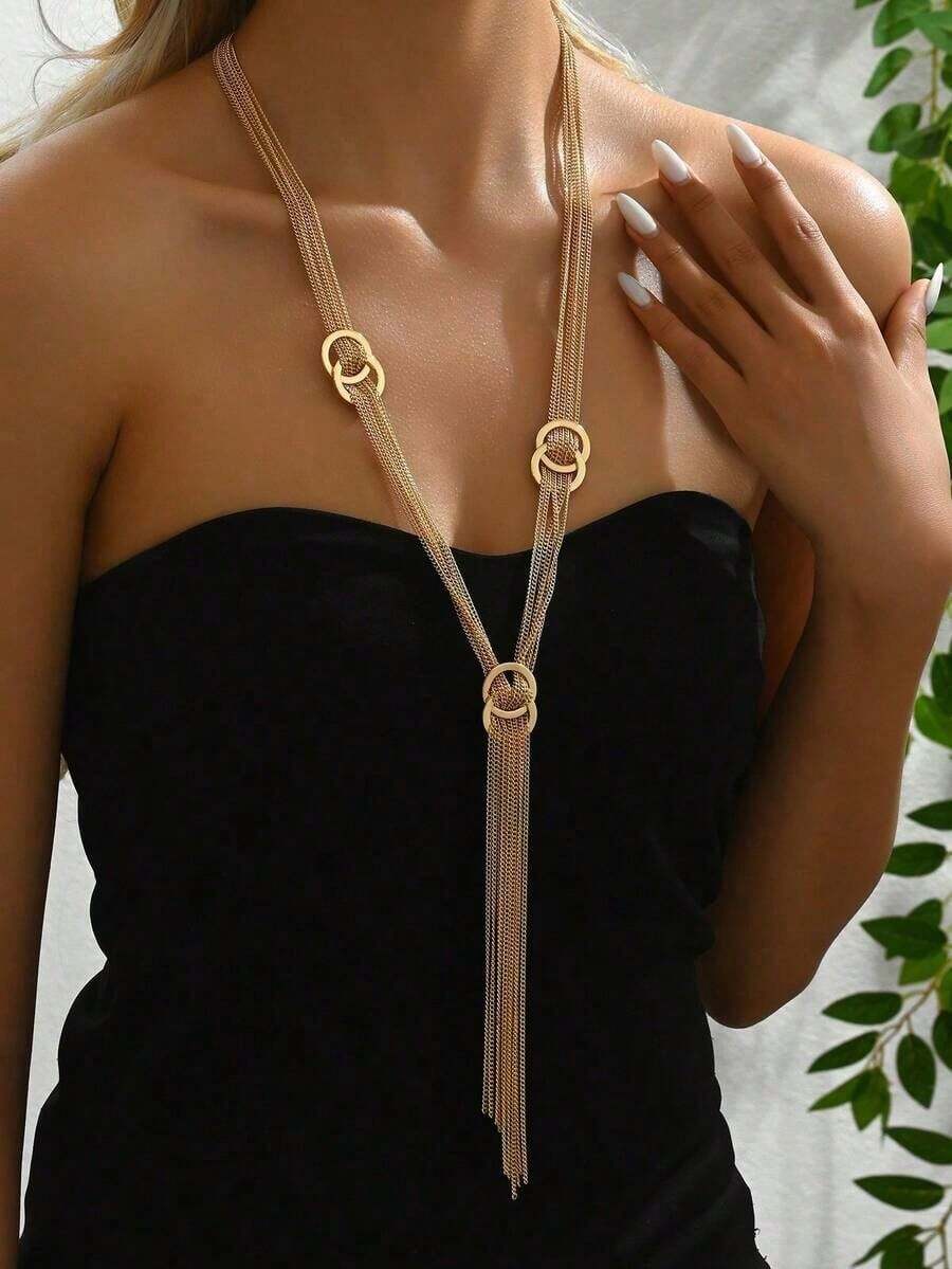 1pc Elegant Wedding Season Sparkling Simple Circle Tassel Adjustable Long Necklace, Bridal Accessory Gift KABV 9PGZ - Vàng 2 - Xem 1