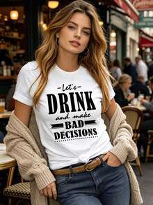 New Summer Casual T-Shirts, Party Favors, Short Sleeve T-Shirt With 'DRINK' Letter Print, Crew Neck, Versatile And Fashionable, New Arrivals, Festival Clothes, Mother's Day - Unisex Loose Fit Cotton Short Sleeve Crew Neck T-Shirt, Urban Vintage Style - 白色 - 查看 3
