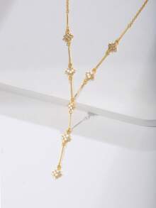 Nooxian 1pc Women's Necklace, Exquisite Copper Inlaid Zirconia Four-Leaf Clover & Starburst Pendant With Tassel Y-Shaped Long Necklace, Suitable For Daily Deep V Dress, Party Accessories, Gift - Gold - View 4