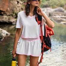 WanderVale RUN HIKE Women V-Neck Short Sleeve Top And Contrasting Trim Mini Skirt 2 Pieces Set Two Pieces Set Women Short Sleeve White Short Set Women Two Pieces Set Women Summer Comfortable Two Pieces Set Women's Short Sets Women's Summer Two Pieces Romper White Crop Top V Neck With Short Sleeve And Shorts With Pink Stitching,Casual,Spring Outfit, Summer Outfit For Women,Going Out Outfits - Blanco - Ver 8