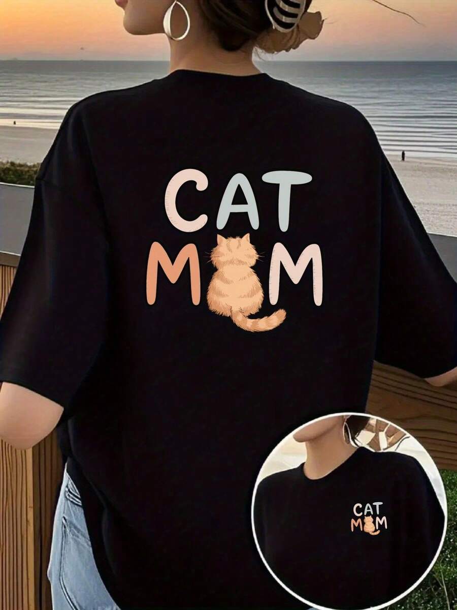 Printed T-Shirt With Front And Back Designs, "Cat Mom" Pattern, Round Neck, Short Sleeves, And Casual Style, Double-Sided Print Top For Women. Elegant Party Outfit, Stylish Ladies' T-Shirt, Blouses Suitable For Curvy Women, Prom Skirts, Casual Wear - 黑色 - 查看 1