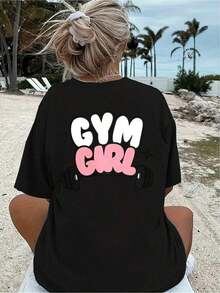 1 Piece Of Women's Oversized Graphic Tee, Featuring A Dumbbell Print, "Gym Girl", Casual Loose Fit, Short Sleeves, Crew Neck, Cotton Blend, Ideal For Gym, Training And Athleisure Style Outfits, 180g 100% Cotton. - 黑色 - 查看 12