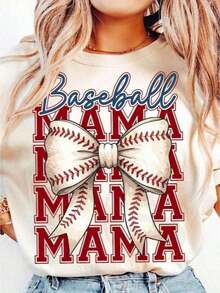 1 Piece Baseball T-Shirt For Mom, Baseball Shirt, Flirty Baseball Bow Shirt, Baseball Game Day Shirt, Sublimation Baseball Mom Shirts, Women's Graphic Crew Neck T-Shirts, Loose Casual T-Shirts, 180g 100% Cotton - 白色 - 查看 10