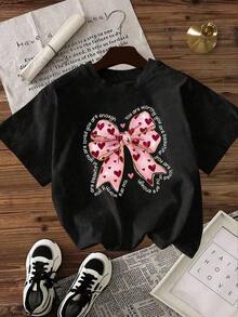Women's Short-Sleeved T-Shirt With A Retro American "Heart With Pink Bow" Print, Loose-Fitting, Casual, Breathable, Round Neck, Versatile For Everyday Wear, Suitable For Urban Outings, Mexican Street Style. Ideal Gift For Lovers Of Mexico - 黑色 - 查看 2