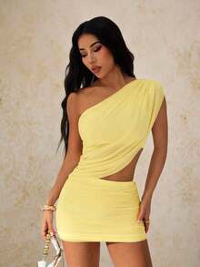 PETITE Women Mini Solid Color Asymmetrical Neck Dress, Fashionable For Summer,Party Dress - Light Yellow - View 4