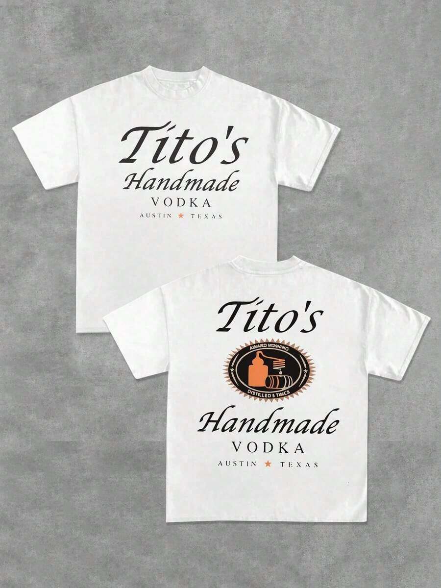 Camiseta negra inspirada en la marca "Tito's Handmade Vodka" - Con tipografía y logotipo de "Tito's Handmade Vodka" en la parte delantera y trasera!Camiseta 100% Algodón 220g con Estampado a Doble Cara |   Diseño exquisito |   Suelto y cómodo |   Fácil de combinar | - Blanco - Ver 1