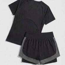 Cheerettes Women's Solid Color Short Sleeve T-Shirt And Contrast Color Shorts Outdoor Suit - Negro - Ver 4
