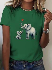 Women's Casual T-Shirt [Elephant Love T-Shirt] With Elephant And Heart Print - Short Sleeve Casual T-Shirt With Round Neck And Elephant Love Print, Medium Stretch Fabric For Spring Summer Casual Wear, Machine Washable - 100% Cotton Themed Blouse, Durable - 綠色 - 查看 7