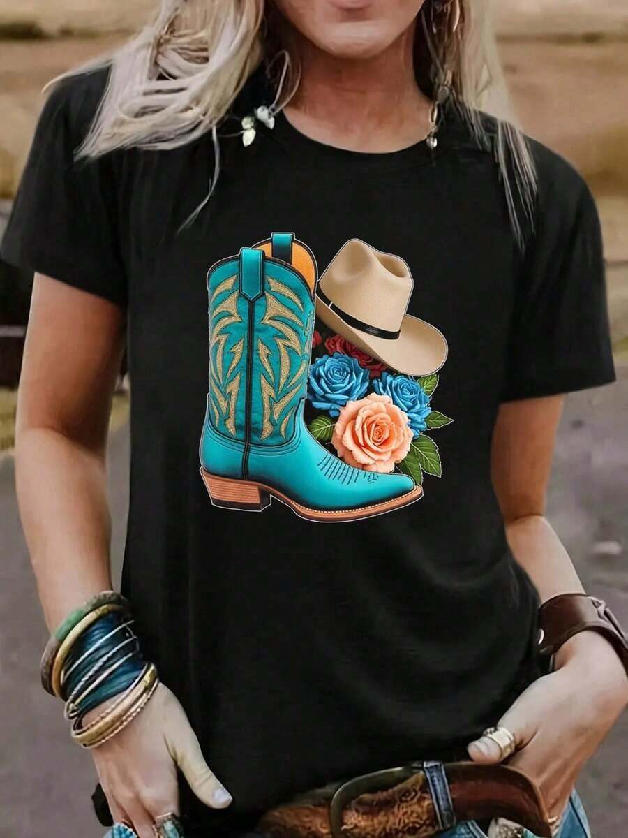 Women's Clothing T-Shirt With Graphic Print Of Boots And Western Cowboy Hat, Casual Short Sleeve Crew Neck T-Shirt For Women, Spring-Summer, For Daily Leisure, Holiday Gift, Women's Shirts - 黑色 - 查看 1