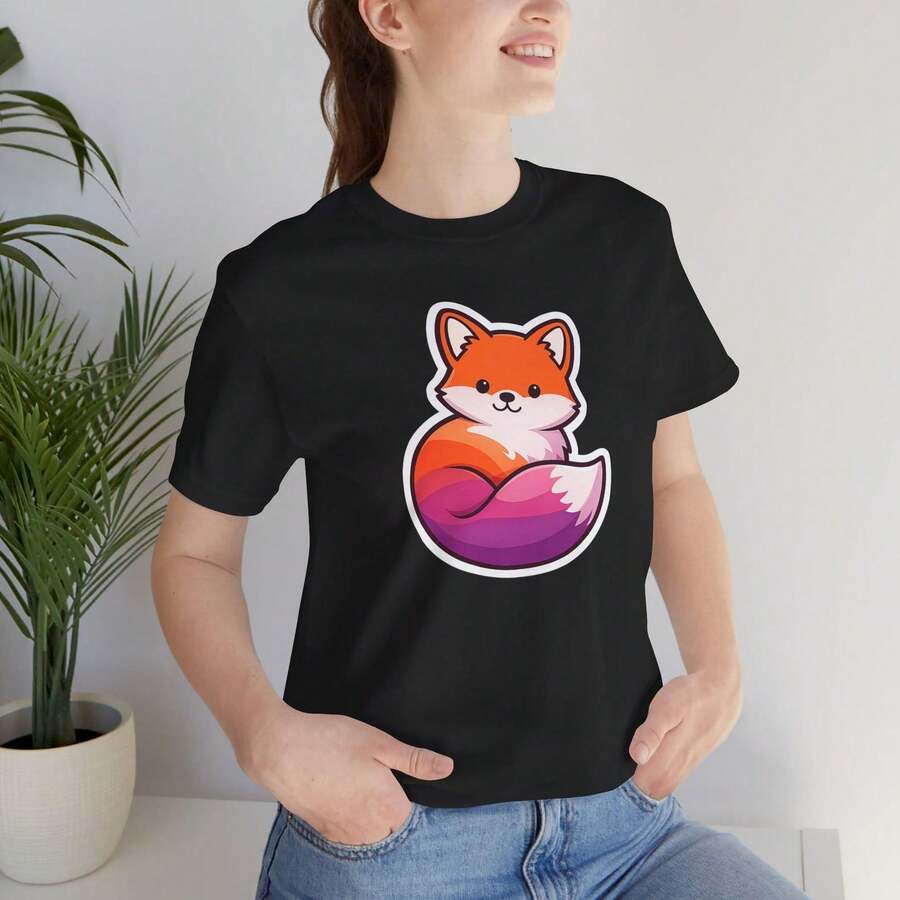 Lesbian Pride Fox Tee T-Shirt Rainbow Flag Colors Sweet Animal Design - 黑色 - 查看 1
