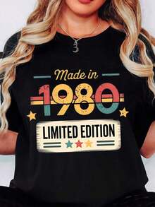 Women's Clothing. Women's T-Shirt Made In 1980, Limited Edition, Vintage Graphic Print, Casual Wear For Birthday Celebrations And Everyday Style, Women's Shirts - 黑色 - 查看 6