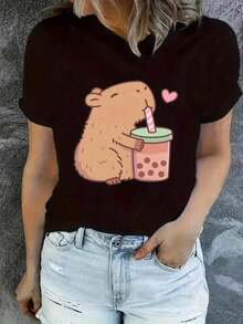 Women's "Capybara Loves Bubble Tea" Black Casual Short Sleeve T-Shirt With Animal Print, Breathable Polyester, Machine Washable - Vintage Street Style Unisex Cotton Short Sleeve Crew Neck T-Shirt - 黑色 - 查看 6