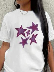 Polyester Short-Sleeved T-Shirt With Purple Star Print, Lightweight And Durable, Suitable For Casual Wear At Home Or Outdoors, Comfortable And Fitted For Everyday Use. Women's Blouses > Clothing - 白色 - 查看 7