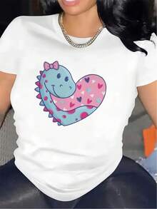 Camiseta de manga corta para mujer con un diseño de corazón de dinosaurio, fabricada con tela ligera para mayor comodidad, para salidas informales en casa o para comer, suave pero duradera, disponible en un esquema de colores rosa y azul, diseño de dibujos animados divertidoDaily Casual Round Neck Short Sleeve-Shirt Women - Blanco - Ver 7