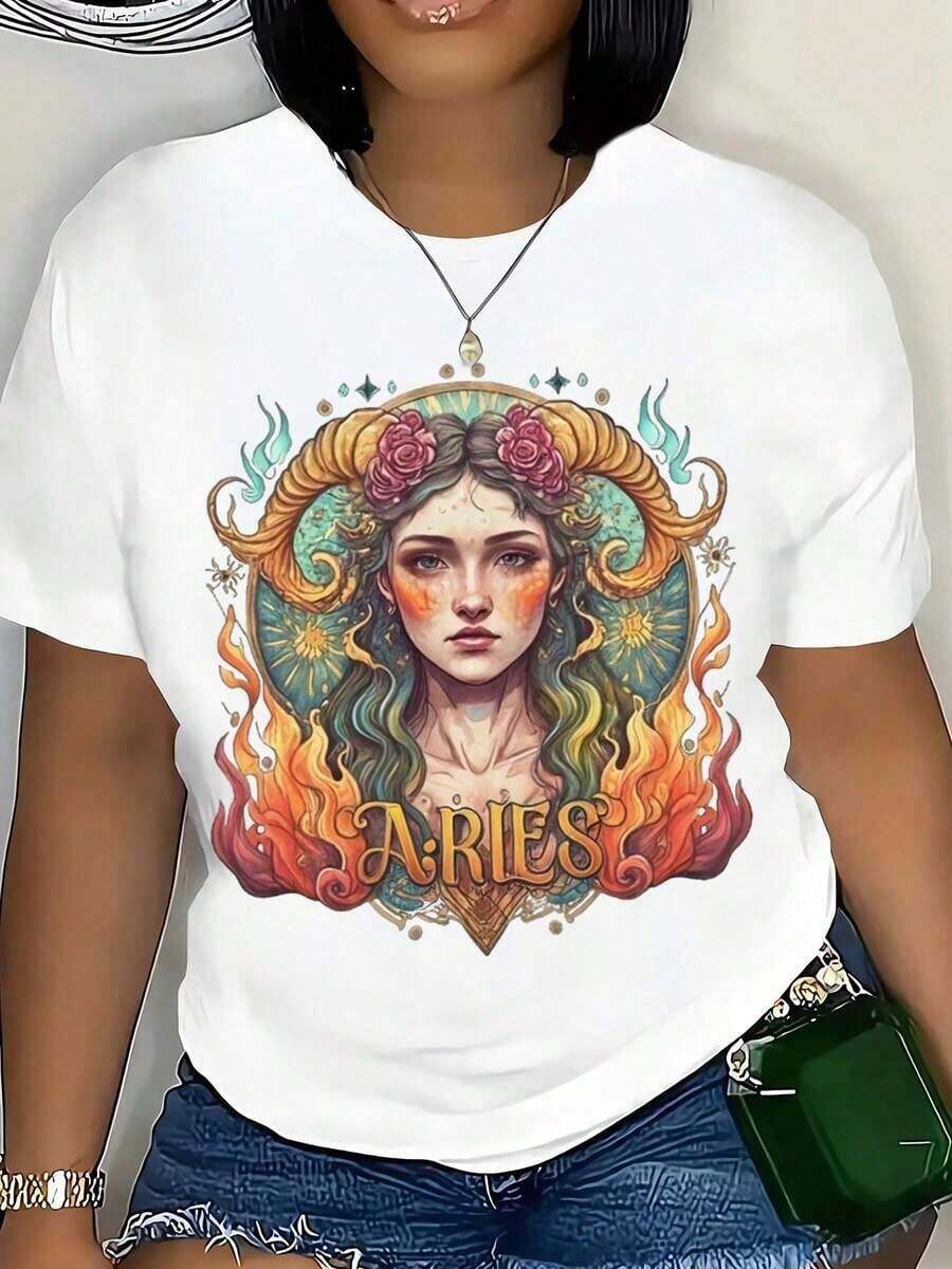 Women's Cotton T-Shirts With The Zodiac Sign Aries, Women's T-Shirt With Astronomical Art And Graphic Of Flaming Hair And Rose Crown For Spring And Summer Fashion, Gift For Birthdays Or Festivals, Basic Women's Blouses. - 白色 - 查看 1