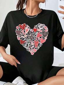 Women's Heart Print T-Shirt, White, Plus Size, Romantic And Cute For Valentine's Day, Ideal For Casual Wear And As A Gift - 黑色 - 查看 1