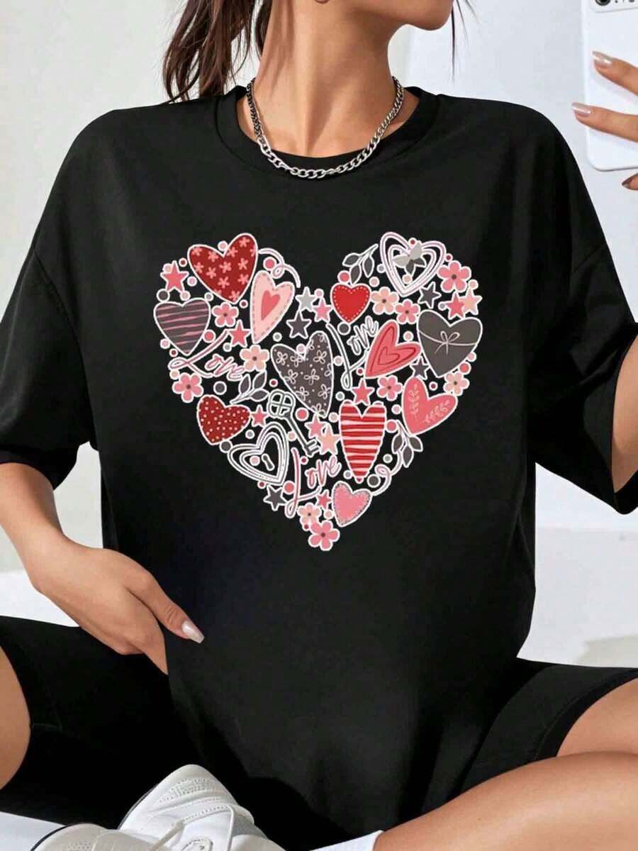Women's Heart Print T-Shirt, White, Plus Size, Romantic And Cute For Valentine's Day, Ideal For Casual Wear And As A Gift - 黑色 - 查看 1