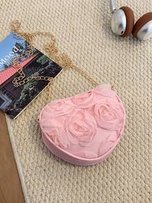 Bolso con forma de corazón de flor de encaje 3D, bolso de hombro y bandolera multifuncional dulce y único con cadena - Rosa - Ver 9