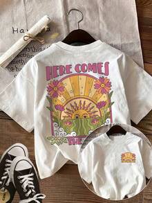 Women's Retro Pop Art T-Shirt - Double-Sided Sunflower And "HERE COMES THE SUN" Print - Short Sleeve Top Compatible With Blouses | Semi-Sheer Summer Casual Blouse Style T-Shirt With Round Neck For Spring/Autumn Outfits (Machine Washable) - 白色 - 查看 1
