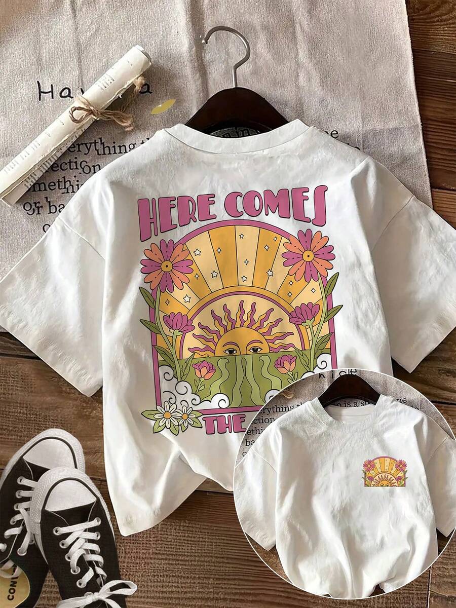 Women's Retro Pop Art T-Shirt - Double-Sided Sunflower And "HERE COMES THE SUN" Print - Short Sleeve Top Compatible With Blouses | Semi-Sheer Summer Casual Blouse Style T-Shirt With Round Neck For Spring/Autumn Outfits (Machine Washable) - 白色 - 查看 1