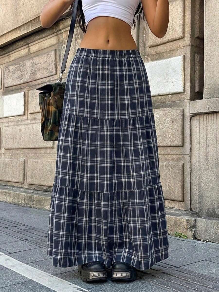 Women's Casual A Line Long Plaid Polyester Skirt With Slight Stretch Fabric Perfect For Everyday Wear - Multicolor - View 1