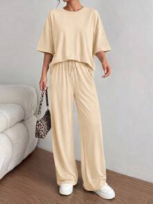 PRETTYGARDEN Women's Summer Clothes 2 Piece Sets Lounge For Short Sleeve Matching Airport Travel Outfits Casual Beige Vacation Summer Brunch Outfits For Women Mothers Day Outfit - 米色 - 查看 3