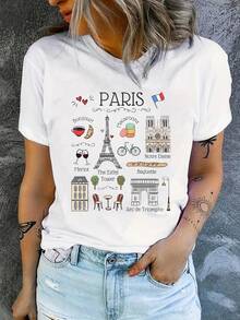 Women's Casual T-Shirt With Paris Tower Print - Short Sleeve Sportswear, Urban Style, Round Neck, Vintage Style, Unisex, Cotton, Loose Fit - 白色 - 查看 2