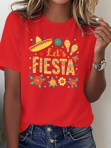 Women's Mexican Carnival T-Shirt - 100% Soft And Breathable In Turquoise Blue, With A Wide-Brimmed Hat And Maracas Print. Let's Celebrate Together With Salsa Dance Attire. Mexican-Themed Casual Wear, Suitable For Cinco De Mayo And Everyday Use. Easy To Machine Wash. Festive Design With A Colorful Wide-Brimmed Hat And Chili Print. Loose Fit Suitable For Warm Weather. Bright Colors And Cultural Style. Not See-Through. Suitable For All Seasons. Women's Blouses. - 紅色 - 查看 6