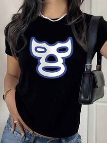 100% Cotton. Wrestler Mask Symbolizing Strength, Courage, And Traditional Mexican Sporting Spirit On A Women's T-Shirt. 100% Cotton. Women's Simple Solid Color T-Shirt, Loose And Slim Fit Casual Short Sleeve - 黑色 - 查看 1