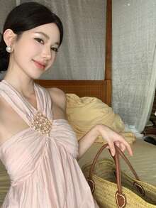 New Women's Long Summer Dress, Pink, 'pure And Sexy' Style, Elegant And Sophisticated, Holiday, Exclusive, Designer, Halter Neck, Flattering, Perfect For Vacation, Beach And Fairy Looks - 粉色 - 查看 3