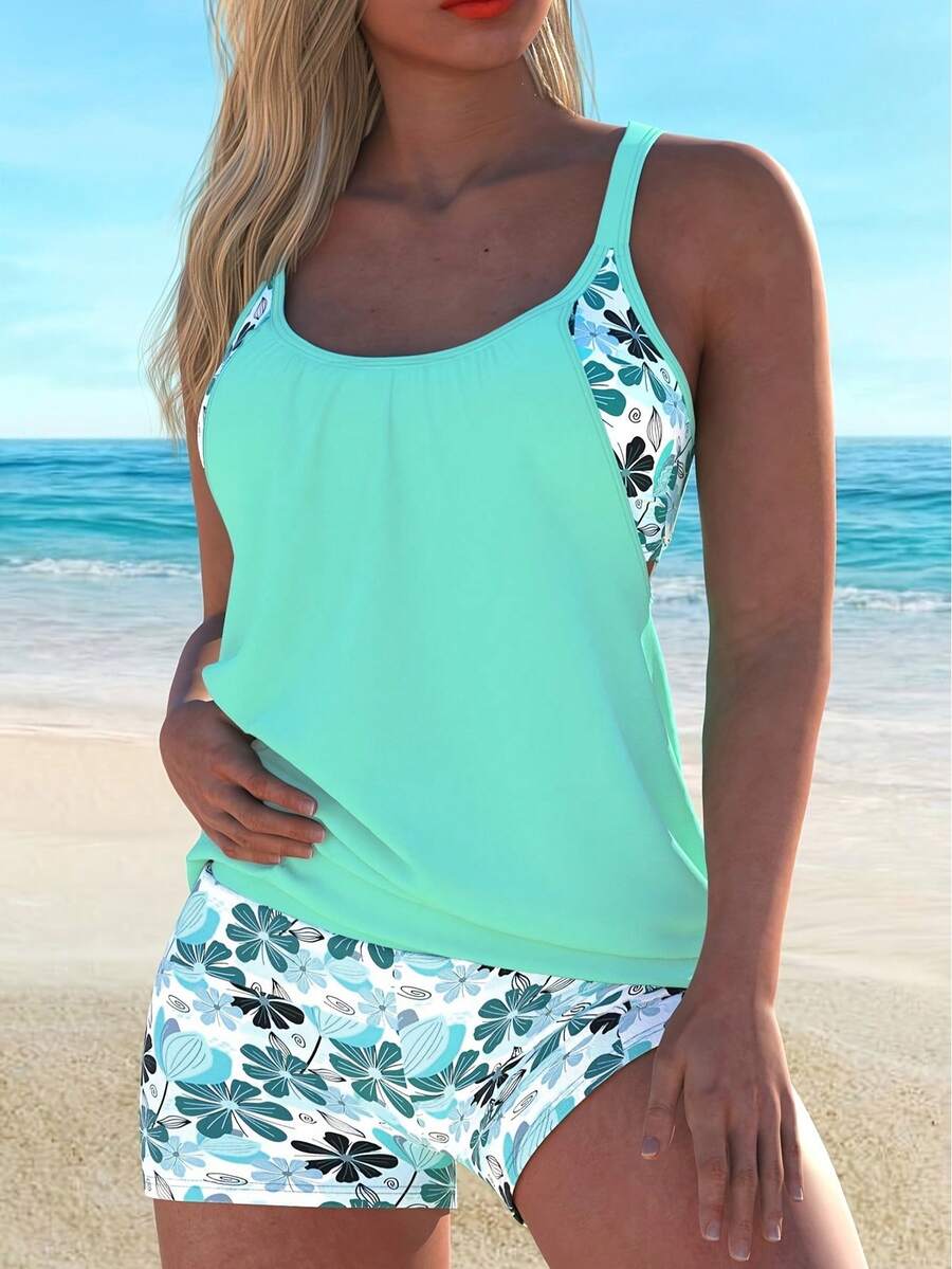 New Printed Tankini With Shorts, Conservative Two-Piece Bikini For Women - JY959GR - View 1
