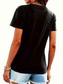Camiseta de manga corta con cuello redondo y diseño de la bandera de EE. UU., apta para lavado a máquina. - Negro - Ver 3